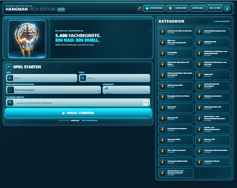Live-Screenshot der Spielstartseite