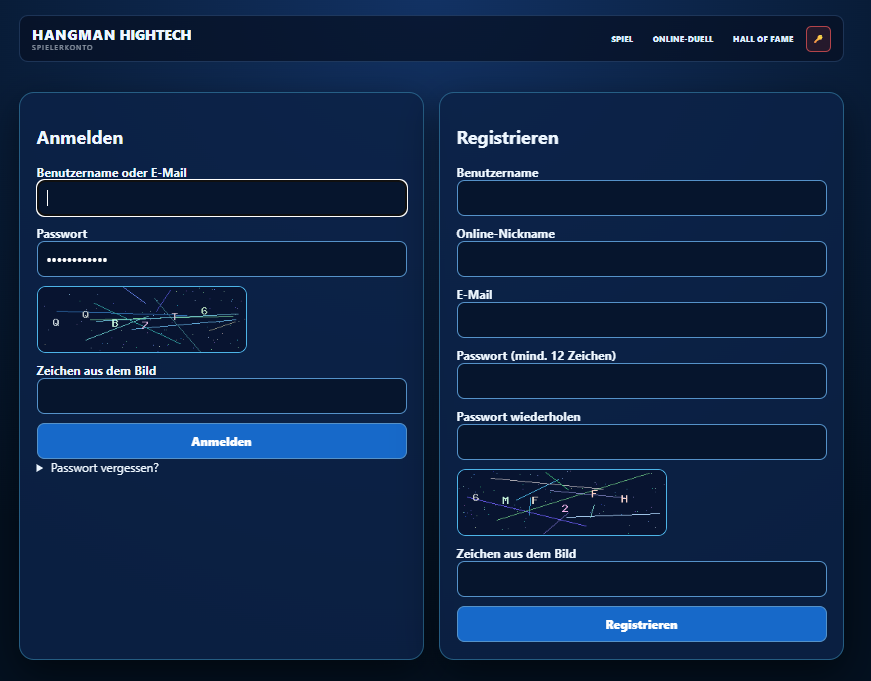 Live-Screenshot Login und Registrierung