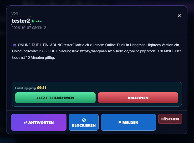 Live-Screenshot einer Online-Einladungs-PM