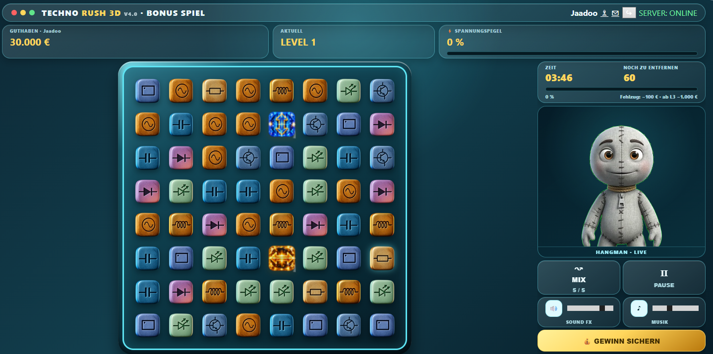 Live-Screenshot TECHNO RUSH Spielfeld